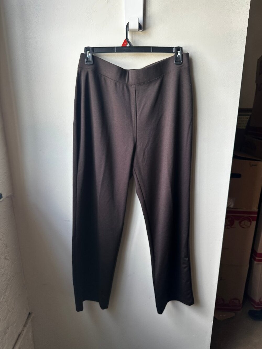 Susan Graver Brown Knit Pull On Pants Elastic Waist Straight Leg Stretch Large L